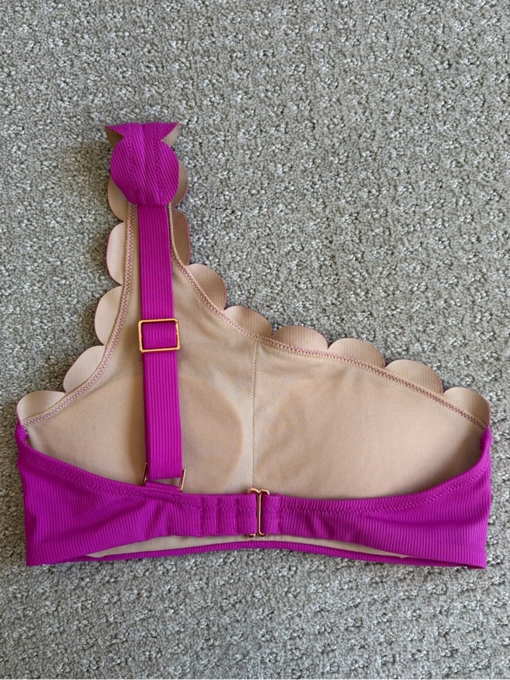 One-Shoulder Scalloped Bikini Top in Bright Magenta